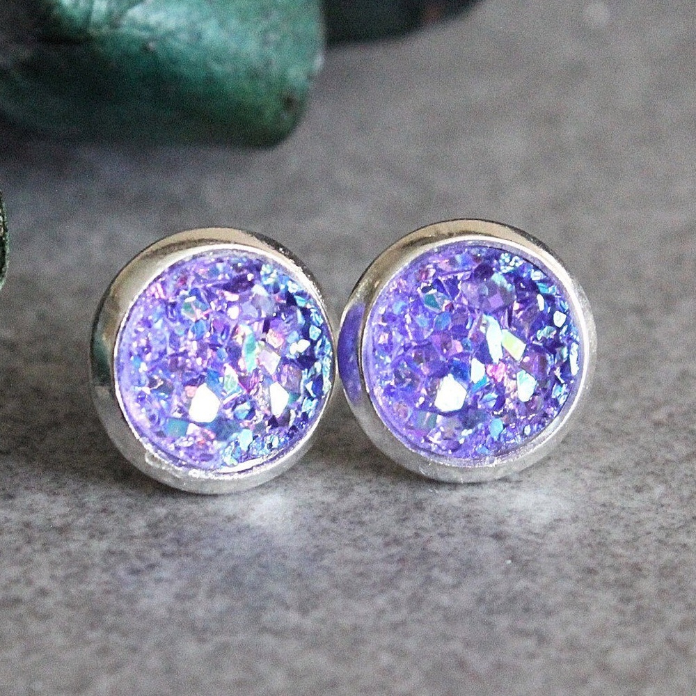 Purple Druzy Earrings, Purple Stud Earrings